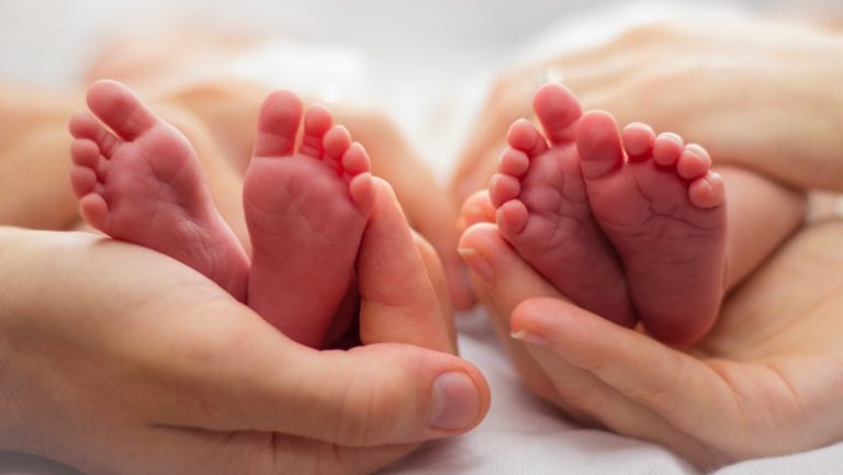 Portrait showing parents' hands and babies' feet.